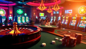 Exciting casino atmosphere featuring KJC AC 3 with poker tables, roulette wheels, and slot machines.