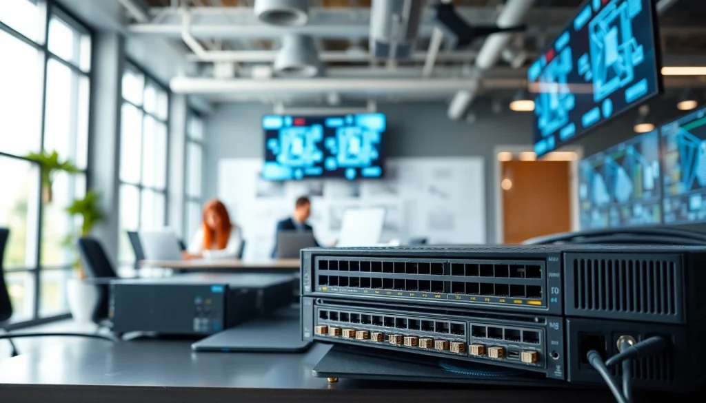 Illustration of network infrastructure hardware in a professional environment highlighting connectivity.