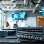 Illustration of network infrastructure hardware in a professional environment highlighting connectivity.