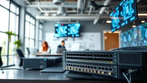 Illustration of network infrastructure hardware in a professional environment highlighting connectivity.