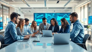 Technology team collaborating in a modern workspace with digital devices and data screens.