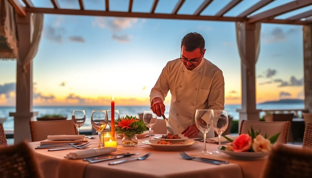A private chef in Sint Maarten prepares a gourmet meal outdoors, offering a luxury dining experience.