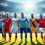 Showcasing an energetic soccer scene with team kit uniforms in action, capturing athleticism and teamwork.