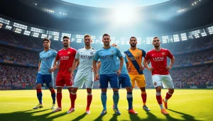 Showcasing an energetic soccer scene with team kit uniforms in action, capturing athleticism and teamwork.