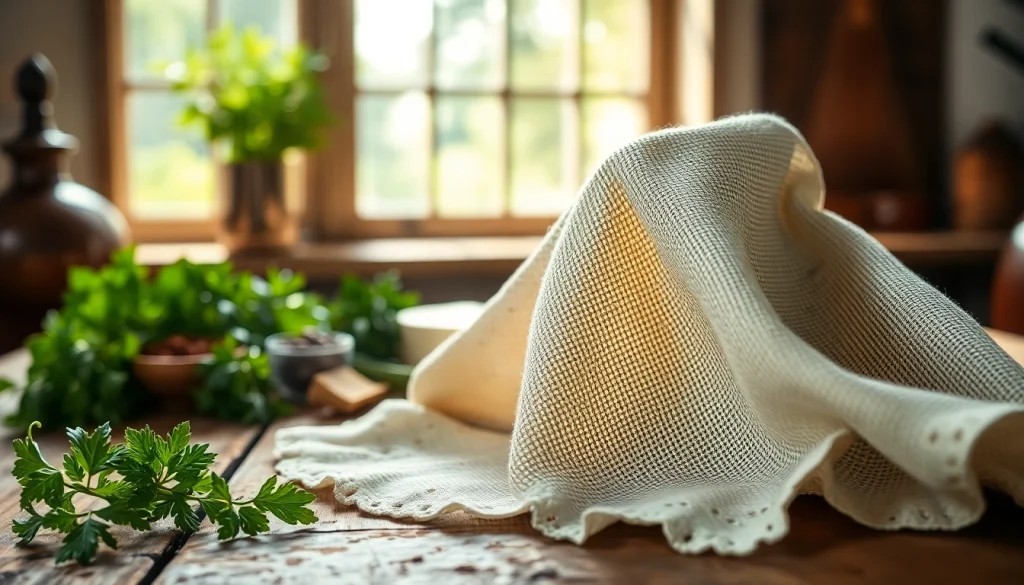 Kaasdoek met fijne textuur naast verse kruiden en specerijen op een rustieke tafel