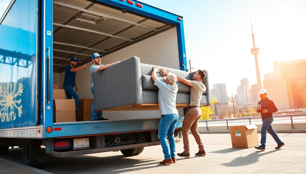 Toronto movers loading furniture into a moving truck while showcasing teamwork in front of the city skyline.