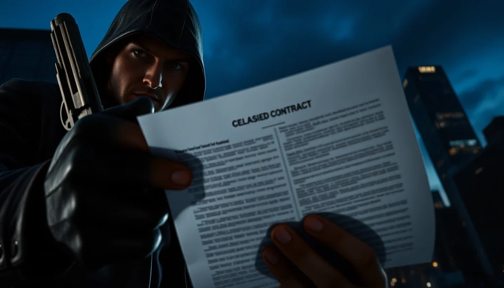 Assassin analyzing Contracts and Bullets in an intense, moody urban setting.