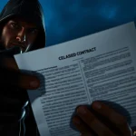 Assassin analyzing Contracts and Bullets in an intense, moody urban setting.