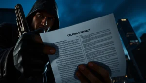 Assassin analyzing Contracts and Bullets in an intense, moody urban setting.