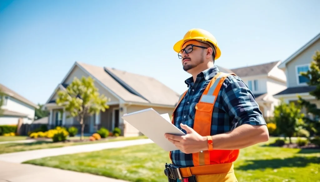 Engaged roofing contractor evaluating residential roofing for reliable roofing services at a home site.