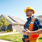 Engaged roofing contractor evaluating residential roofing for reliable roofing services at a home site.