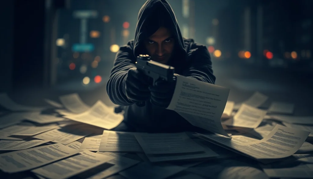 Assassin in Contracts and Bullets with documents, highlighting suspense and tension.