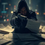 Assassin in Contracts and Bullets with documents, highlighting suspense and tension.
