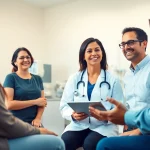 Engaging healthcare professional sharing health insights with patients in a modern clinic setting.