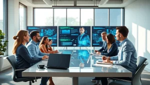 Team collaborating on Business IT Solutions in a modern office, showcasing technology and teamwork.