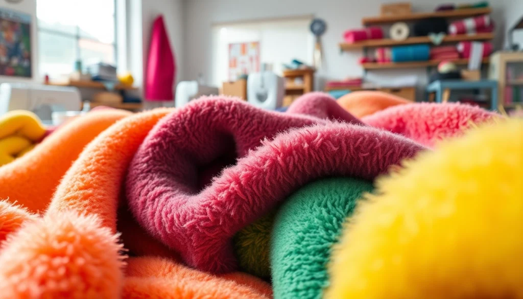 Fleece stof weven in een helder verlichte naaiwerkplaats met verschillende kleuren.