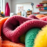 Fleece stof weven in een helder verlichte naaiwerkplaats met verschillende kleuren.
