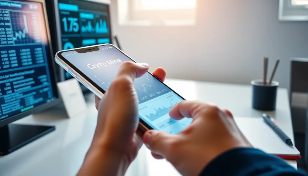 Engaging with a crypto mining app on a smartphone in a modern workspace, highlighting technology and innovation.