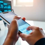Engaging with a crypto mining app on a smartphone in a modern workspace, highlighting technology and innovation.