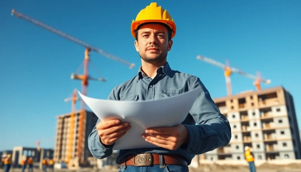 New Jersey Construction Manager overseeing construction site with team and blueprints.