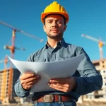 New Jersey Construction Manager overseeing construction site with team and blueprints.