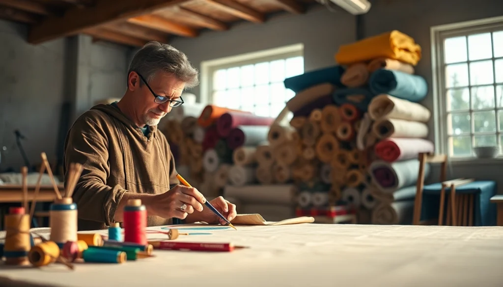 Canvas kunstenaar werkt aan creatie met kleurrijke stoffen in een heldere werkruimte.