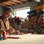 Canvas kunstenaar werkt aan creatie met kleurrijke stoffen in een heldere werkruimte.