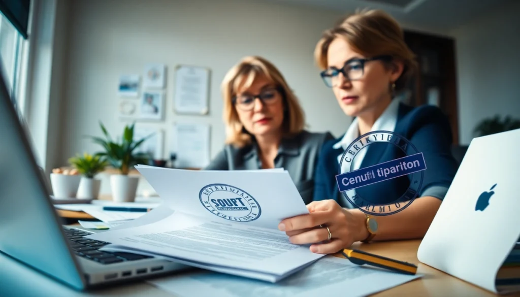Soudní překlad: Certified translator working on legal documents in a professional office setting.