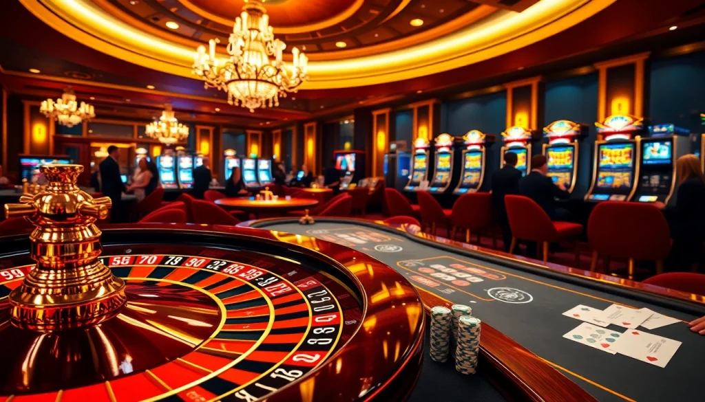 A lively casino scene featuring roulette, poker, and slots, showcasing the excitement of https://www.ph22255.com/ with engaged players.