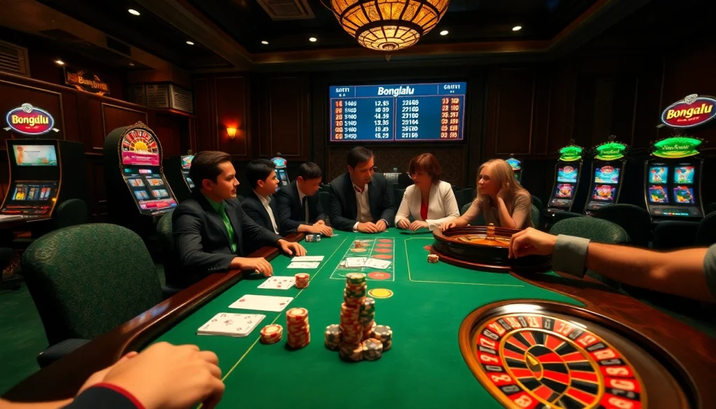 Bongdalu gaming scene with poker chips and lively players at a casino table.