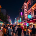 Experiencing 하노이밤문화 with vibrant nightlife in Hanoi's bustling streets.