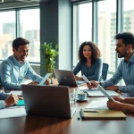 Team collaborating on competitive intelligence analysis in a modern office