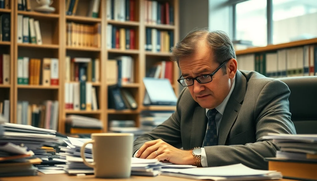 Overwhelmed individual exhibiting brain fog in a cluttered workspace, focused on a chaotic desk.