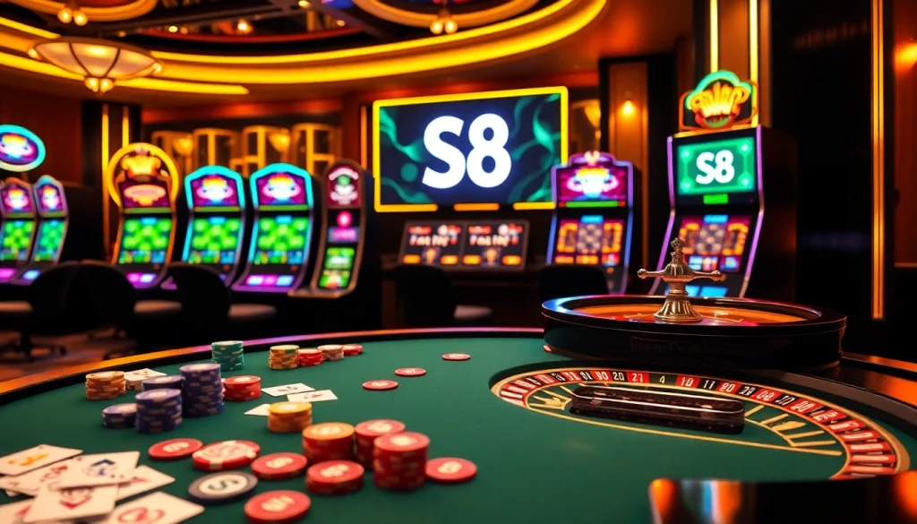 S8 casino scene featuring a luxurious gaming table with vibrant chips and cards.