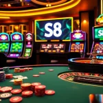 S8 casino scene featuring a luxurious gaming table with vibrant chips and cards.