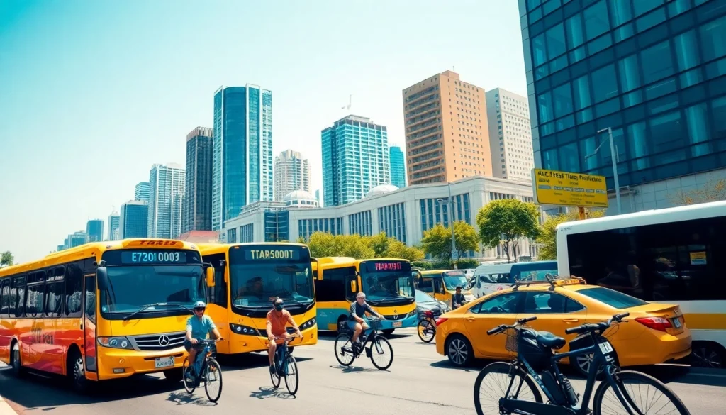 Transportation scene showcasing urban vehicles and bicycles actively moving in a busy city