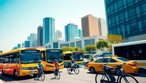Transportation scene showcasing urban vehicles and bicycles actively moving in a busy city