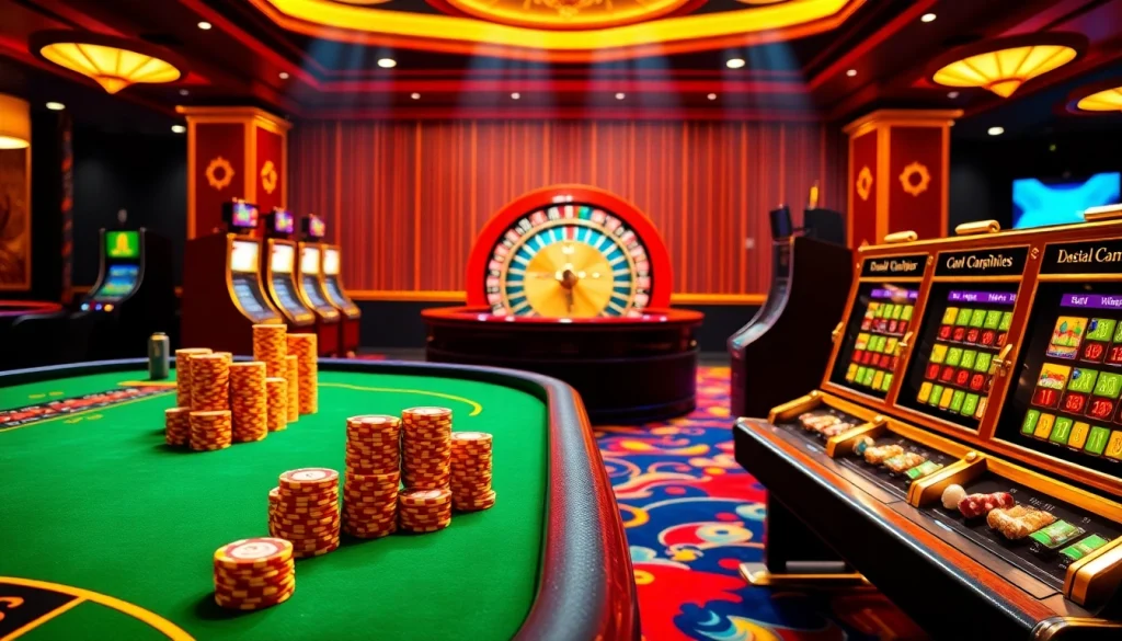 Experience QQ88's energetic online casino atmosphere with vibrant gaming tables and slot machines.
