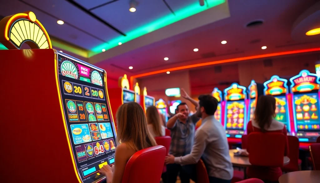 Kode4d slot machine interface in a lively gaming room with excited players
