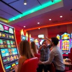 Kode4d slot machine interface in a lively gaming room with excited players