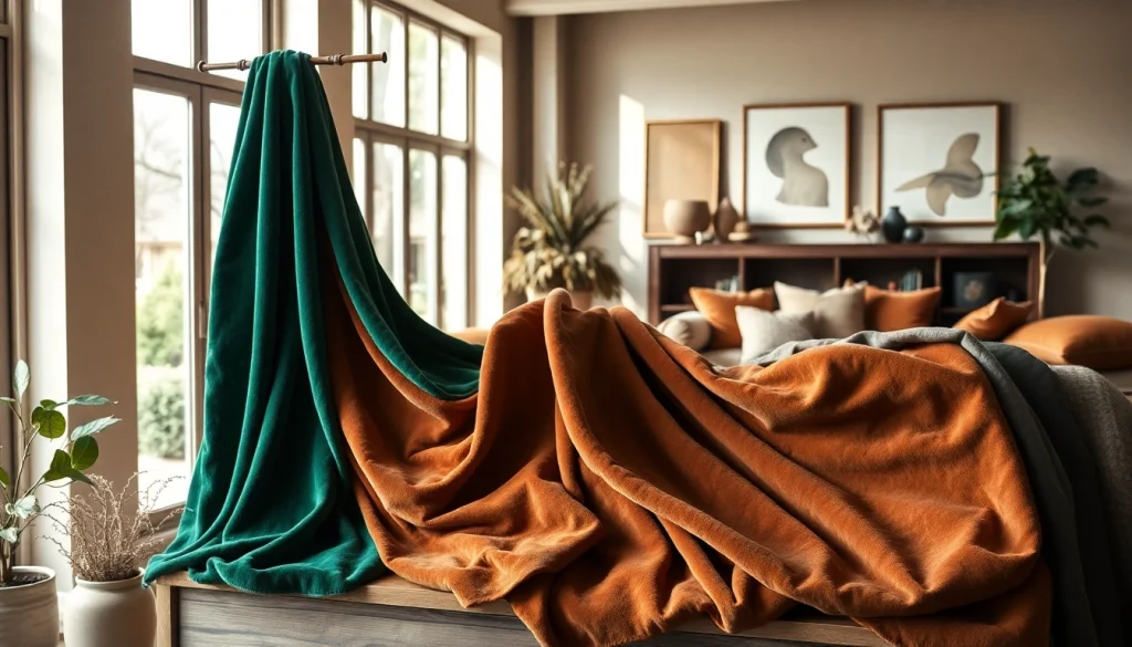 Gordijnstof samengevoegd met rijke texturen en kleuren, perfect voor interieurdecoratie.