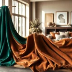 Gordijnstof samengevoegd met rijke texturen en kleuren, perfect voor interieurdecoratie.