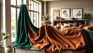 Gordijnstof samengevoegd met rijke texturen en kleuren, perfect voor interieurdecoratie.