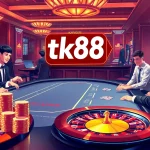 Players enjoying a thrilling gaming experience at tk88 casino with a vibrant poker table and roulette wheel.