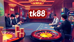 Players enjoying a thrilling gaming experience at tk88 casino with a vibrant poker table and roulette wheel.