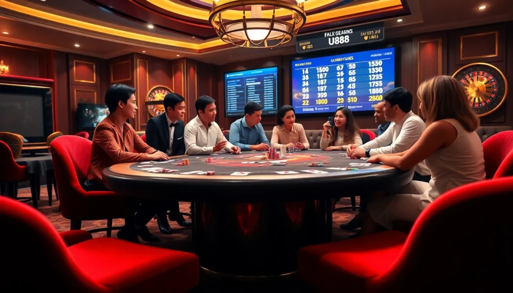 UU88 players enjoying an exciting game at a luxurious casino poker table with vibrant chips.