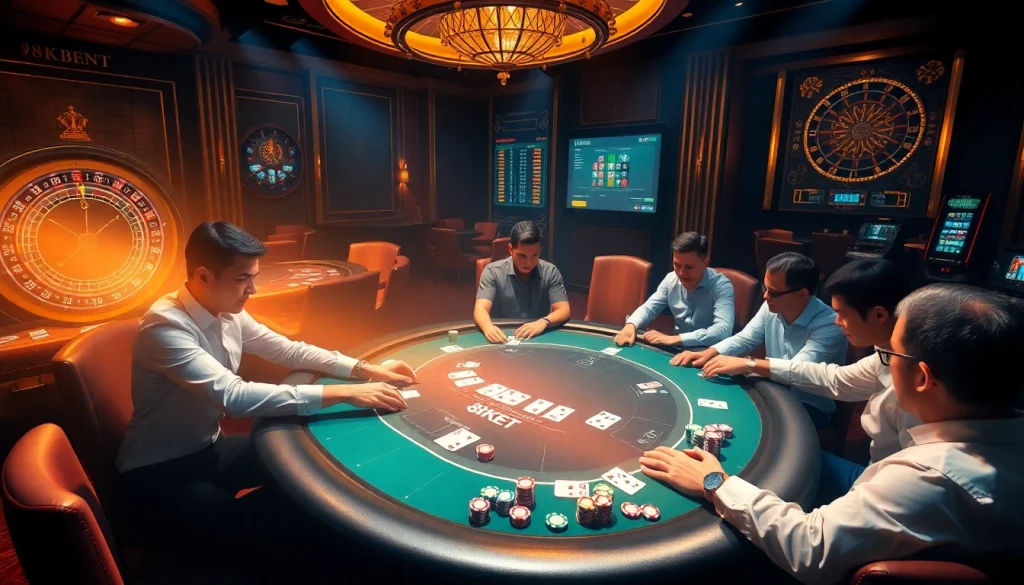 Experience the thrill of 8KBET casino with players engaging in a high-stakes poker game.