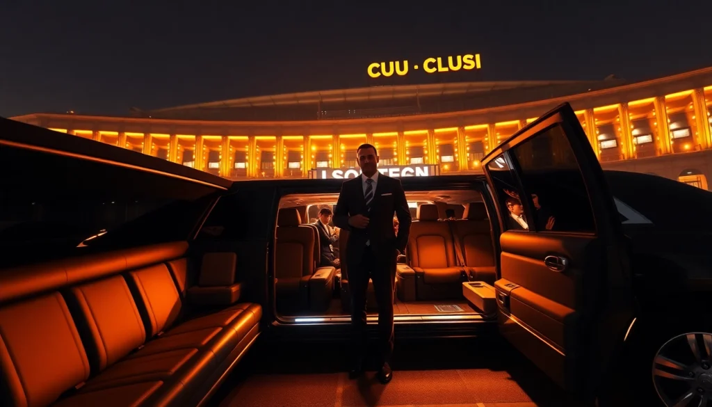 World Cup Group Transportation in luxury limousines at Los Angeles stadium, showcasing premium service and excitement.
