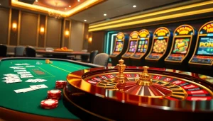 Experience thrilling online gaming action at nh88 with a vibrant casino scene featuring poker tables and slot machines.