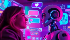 Engaging ai sex chat interaction with a charming AI character in a vibrant digital space.